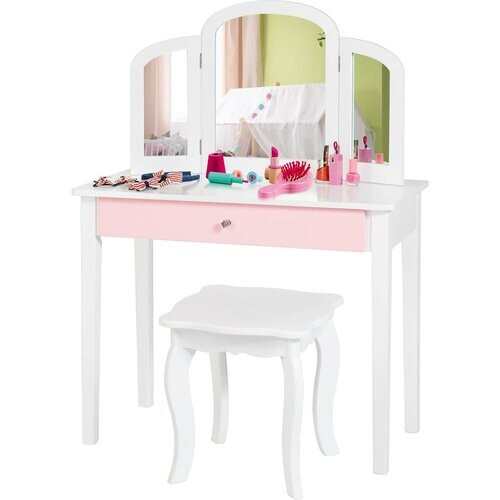 Tweedekans Coast Opmaaktafel - Kaptafel/Make up Tafel Met Spiegel en Krukje - 70 x 34 x 95,5 cm - Wit
