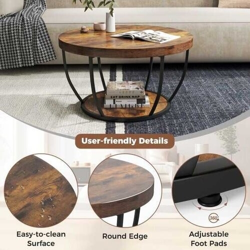 Tweedekans Coast Ronde Salontafel Bruintinten – 80 x 80 x 45 cm – Met Onderplank en Metalen Frame
