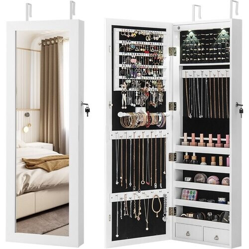Tweedekans Coast Sieradenkast met Wandspiegel en LED-Verlichting - 36 x 10 x 138 cm - wit