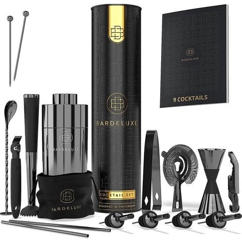 Tweedekans Cocktailset, 17-delig, barkeeperset, cocktailmixerset, 750 ml cocktailshaker roestvrij staal, cocktailshakerset, bartender set, luxe cocktailcadeauset, tas & receptenboek (zwart)