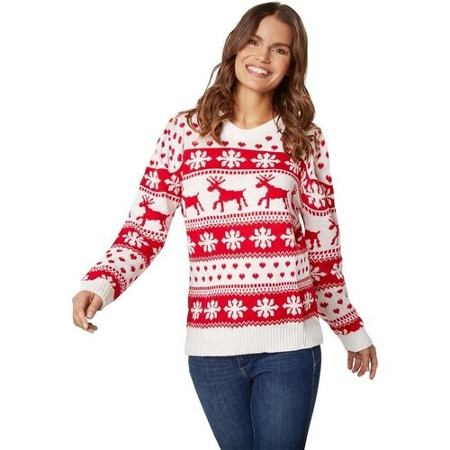 Tweedekans Dressforfun Kersttrui wintertoverpracht wit-rood voor vrouwen XXL - verkleedkleding kostuum halloween verkleden feestkleding carnavalskleding carnaval feestkledij partykleding - 303339
