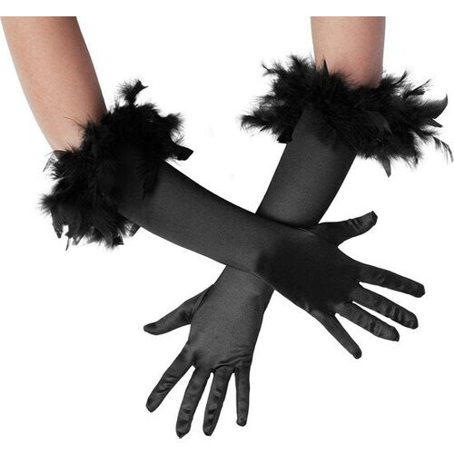 Tweedekans dressforfun - Lange satijnen handschoenen met veren zwart - verkleedkleding kostuum halloween verkleden feestkleding carnavalskleding carnaval feestkledij partykleding - 304589