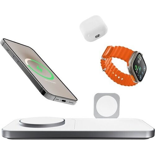 Tweedekans Favolt Site:3 Magsafe 3 in 1 Draadloze Oplader (MFi/QI) Magnetisch Laadstation voor iPhone Apple Watch AirPods Silver