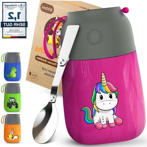 Tweedekans FUNKELFUCHS® Thermobeker voor kindervoeding - 500ml, roze eenhoorn - 100% lekvrij - Roestvrijstalen voedselwarmer - Thermo beker eten - Thermo lunchbox kinderen - Baby voedselwarmer