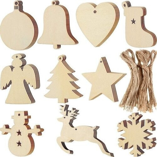 Tweedekans Giftmas Houten Kerstballen – Kerstversiering voor Binnen – Kerstbal van Hout – Kerst – 10 Vormen - ⌀7,5cm – 50 Stuks