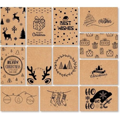 Tweedekans Giftmas Kerst Collectie – Wenskaarten & Kerstkaarten Set – 36 Groetenkaarten met 12 Designs – Inclusief Enveloppen en Stickers – Kraft Papier Kaartenset Voor Feestdagen - 20x15cm