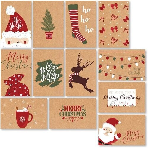 Tweedekans Giftmas Kerst Collectie – Wenskaarten & Kerstkaarten Set – 36 Groetenkaarten met 12 Designs – Inclusief Enveloppen en Stickers – Kraft Papier met Zwarte Bedrukking Voor Feestdagen – 20×15 cm
