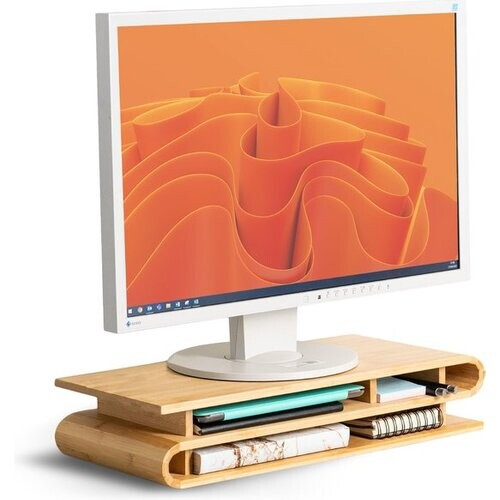 Tweedekans Industor® Monitor Standaard Bamboe - Gebogen Laptop Stand voor Bureau zonder montage - Monitorstandaard met Lade en TV verhoger