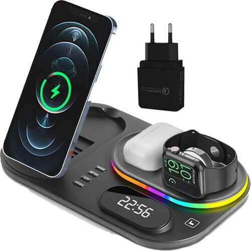 Tweedekans iSetchi Draadloze Qi Oplader 15 Watt Snellader (4-in-1) - Met Quick Charge 3.0 adapter, LED Klok & LED Lamp - Qi Oplaadstation