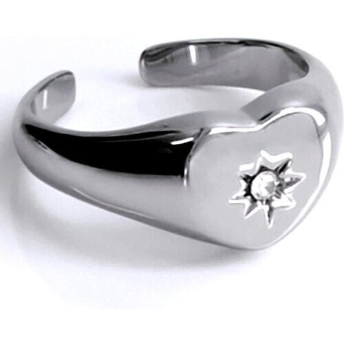 Tweedekans Laura Ferini Verstelbare Dames Ring Lana Zilver - Zegelring met Hartje en Zirkonia Kristal - Zilverkleurig Vrouwen Sieraad - Waterproof Roestvrij Staal - RVS Sieraden - Accessoires