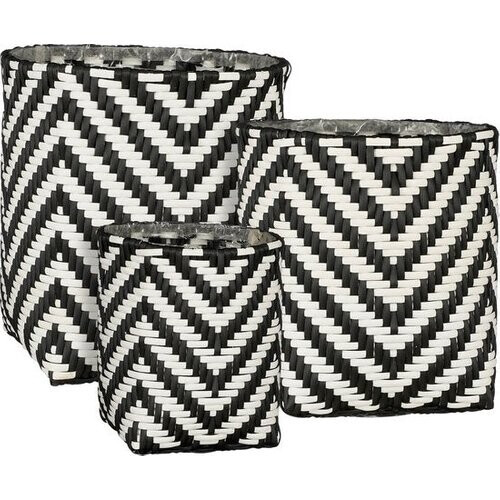 Tweedekans Mica Decorations Merlijn Plantenmand voor Buiten - Set van 3 - H26 x Ø24 cm - Gerecycled Plastic - Zwart, Wit