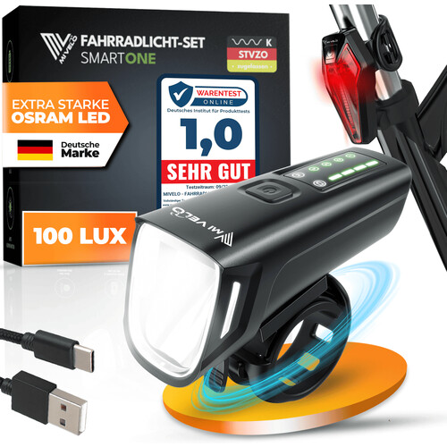 Tweedekans Mivelo Fietsverlichtingsset - Tot 11 uur accuduur - StVZO-goedgekeurd - USB-oplaadbaar - 100% waterdicht - LED voor- en achterlicht - Zwart