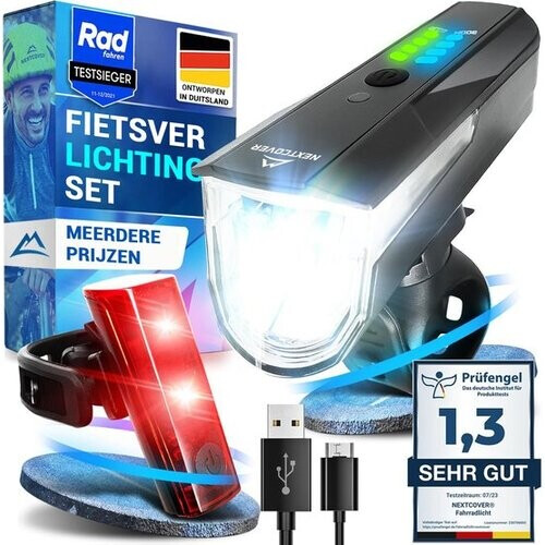 Tweedekans NEXTCOVER® Fietslampjes LED Set 80 Lux Basic - Wit en Rood met "LightSense" sensor schakelaar inbouw en 11u batterijduur - USB oplaadbaar & waterdicht - StVZO (Duitsland) goedgekeurd- LED fietslicht voor fietslamp & fietsachterlicht, fietsverlichting