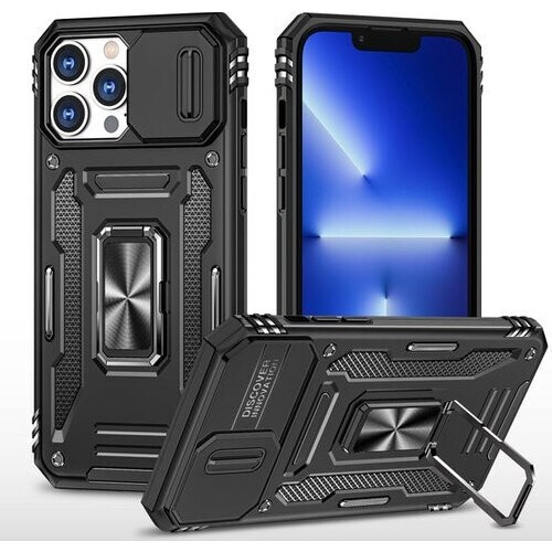 Tweedekans Podec Hoesje geschikt voor iPhone 12 Pro Zwart Telefoonhoesje - Anti-Shock Case Cover Hybrid Armor Hoes met Kickstand Ring met Screenprotector