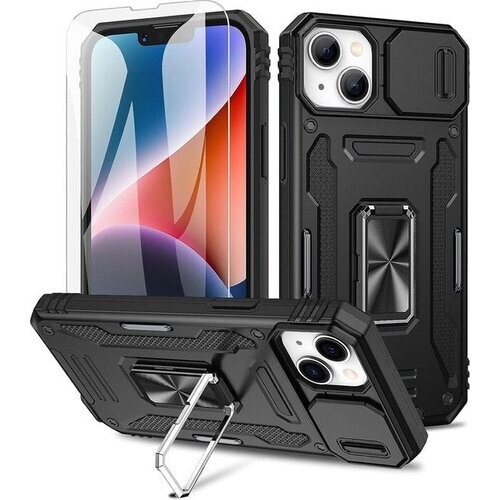 Tweedekans Podec Hoesje geschikt voor iPhone 14 Zwart Telefoonhoesje - Anti-Shock Case Cover Hybrid Armor Hoes met Kickstand Ring met Screenprotector