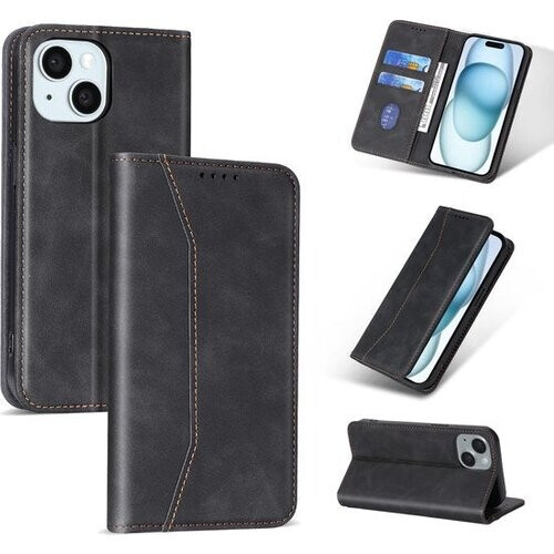 Tweedekans Podec Hoesje met Pasjeshouder Geschikt voor iPhone 15 Zwart Telefoonhoesje - Anti-Shock Bookcase Cover met 1x Screenprotector - Wallet Case