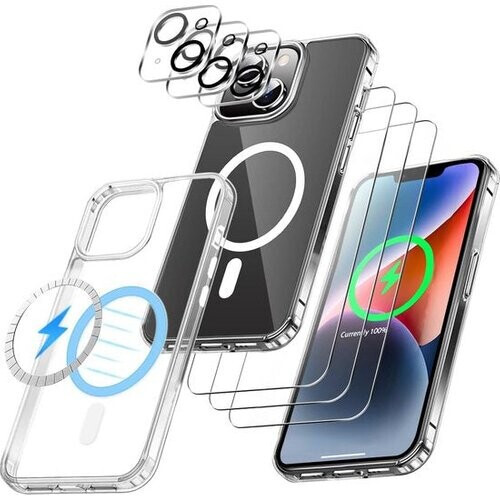 Tweedekans Podec Magsafe Hoesje Geschikt voor iPhone 14 - Bundel met 3x Screenprotector + 3x Cameraprotector - Magnetisch met Ring Doorzichtig - Telefoonhoesje Transparant Magsafe Case - Doorzichtig