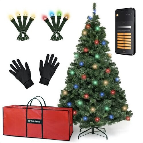 Tweedekans PristinePine Nordic Forest Fir - Volle Kerstboom met LED-verlichting (917 takken) - Kunstkerstboom inclusief opbergtas en handschoenen - 280 Gekleurde en Warm witte lampjes - Bediening via app - 180 cm