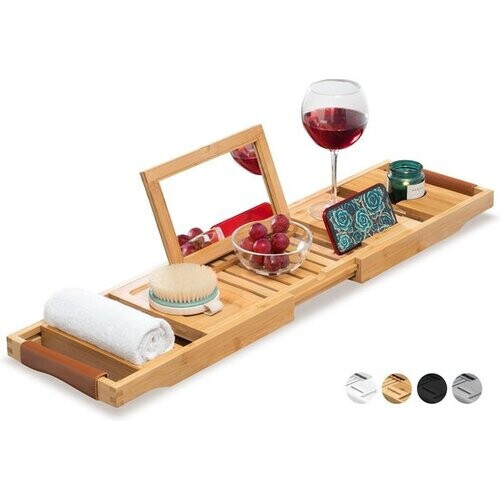Tweedekans RelaxTub® Badplank - Badplank voor in Bad - Badrek - Verstelbaar - Anti Slip - Badplank Bamboe - Badplank Hout - Badrekje inclusief Boekenhouder, Tablethouder & Spiegel