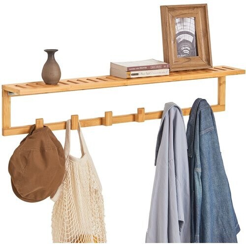 Tweedekans SoBuy FHK06-N Kapstok met Wandplank - 6 Haken - 90x12,5x16,5 cm - Bamboe