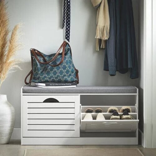 Tweedekans SoBuy Schoenenkast met Zitkussen - 2 Kleppen - 94 x 30 x 47 cm - Wit