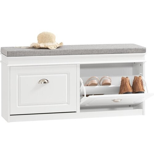 Tweedekans SoBuy Schoenenkast met Zitkussen en Kleppen – Smalle Schoenenbank voor de Hal – Wit – 104 x 24 x 51 cm