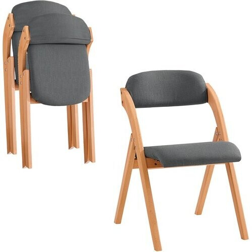 Tweedekans SoBuy Set van 2 Klapstoel, Bureaustoel met Gestoffeerd Zitkussen, Eetkamerstoel, Natuur/Donkergrijs, 47.5x77x59 cm, FST92-SGx2 - voor eetkamer, balkon of kantoor