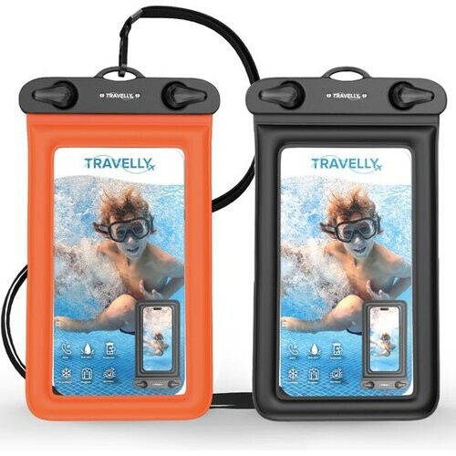 Tweedekans Travelly ® – Waterdicht Telefoonhoesje Set van 2 – Universeel Onderwater Hoesje voor Smartphone – Geschikt voor alle telefoons – Drybag – Voor Vakantie, Zwemmen & Watersport – Zwart/Oranje