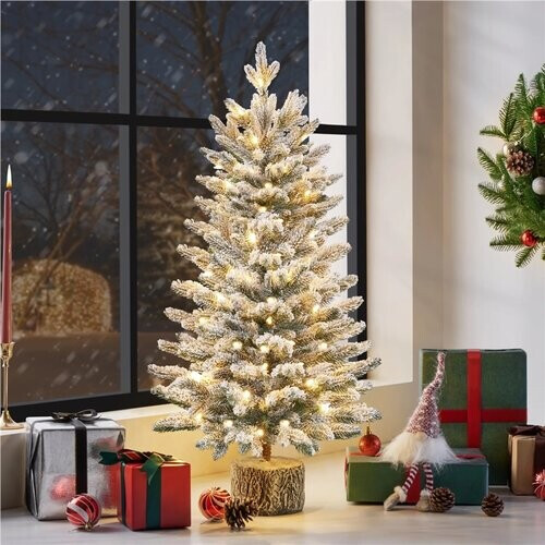 Tweedekans Yaheetech Tafelkerstboom Met Sneeuw En Verlichting – Φ55 x 92 cm – Voorzien Van 355 Takken En 50 LED-Lampjes En Realistische Boomstam – Voor Vensterbank En Buiten – Groen PVC En Metaal
