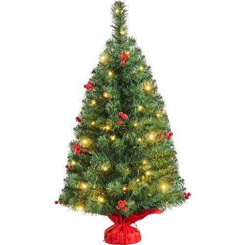 Tweedekans Yaheetech Tafelkerstboom Met Verlichting – 48 x 48 x 90 cm – Voorzien Van 50 LED-Lampjes En 60 Rode Bessen En Betonnen Voet Met Rode Doek – Voor Dressoir En Kantoor – Groen PVC En Beton